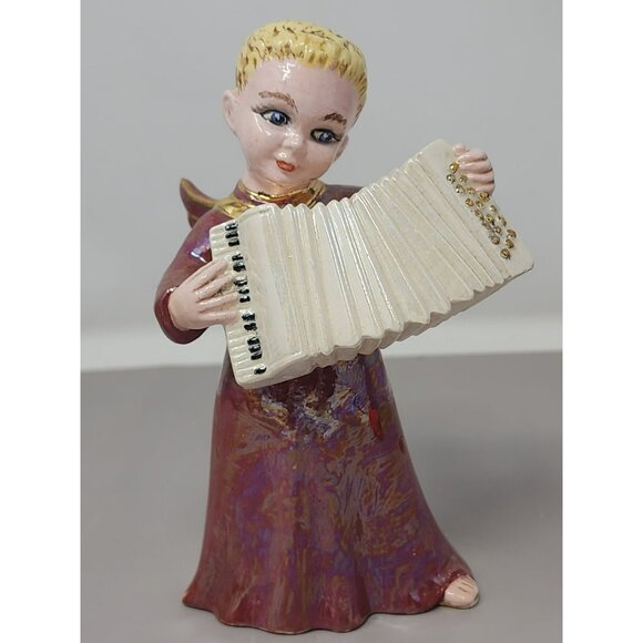 Vintage Holland Mold Ceramic Angel Figurine Playing Accordion‎ Iridescent Glaze - Picture 1 of 13